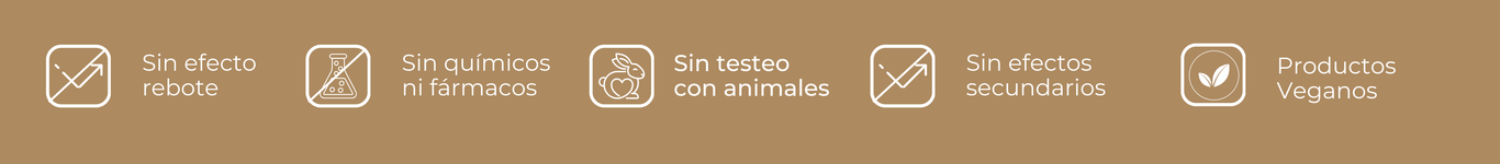 Una imagen con 5 iconos, que representan características de Wiohair, estas son: Sin efecto rebote, sin químicos ni fármacos, sin testeo con animales, sin efectos secundarios y productos veganos.