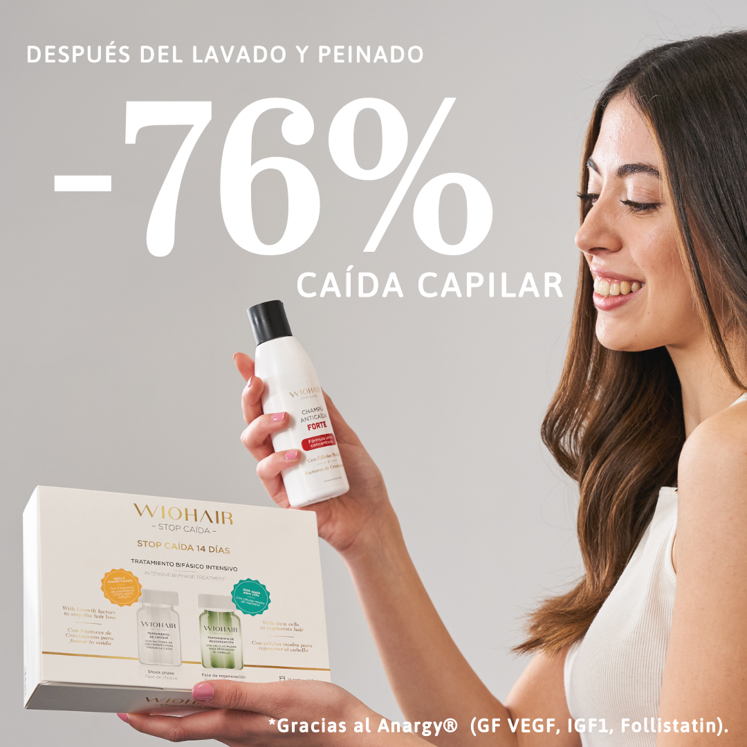 Se ve una chica sujetando con la izquierda nuestras ampollas anticaída y con la derecha nuestro champí. Encima está el texto: 