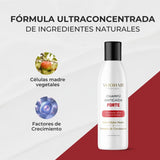 cartel con un champú y sus dos ingredientes principales, que son Células Madre vegetales y Factores de Crecimiento